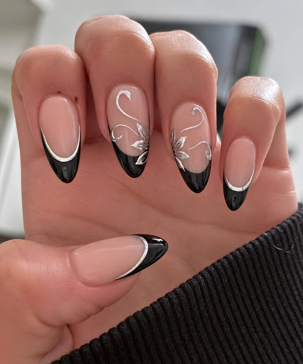Black Metallic Silver French Almond Nails Black Metallic Silver French Almond Nails — Classy Concert Nails