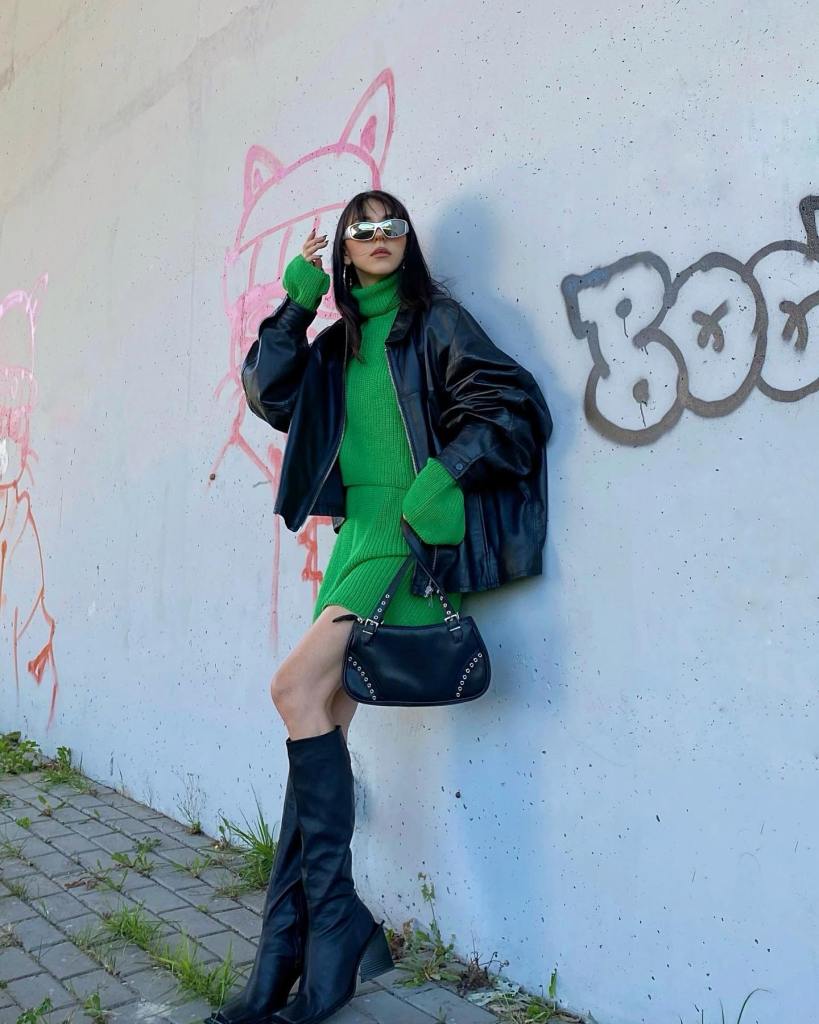 Green Knit Turtleneck Dress with Leather Jacket — Classy Concert Outfits