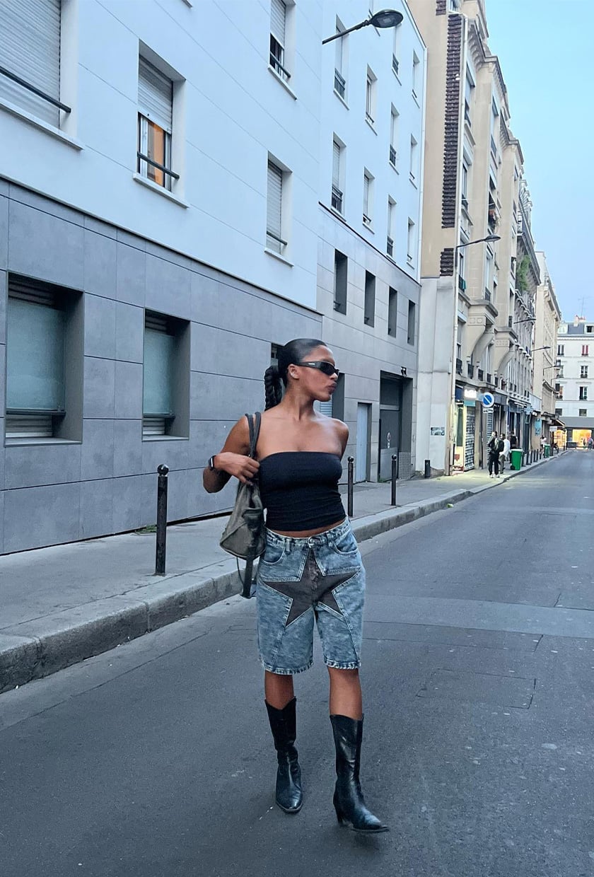 Star Print Denim Shorts with Tube Top — Classy Concert Outfits