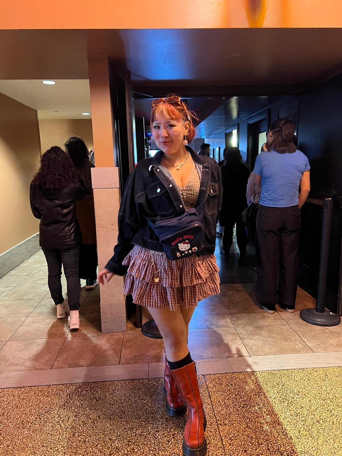 Plaid Mini Skirt and Denim Jacket with Platform Boots — Classy Concert Outfits