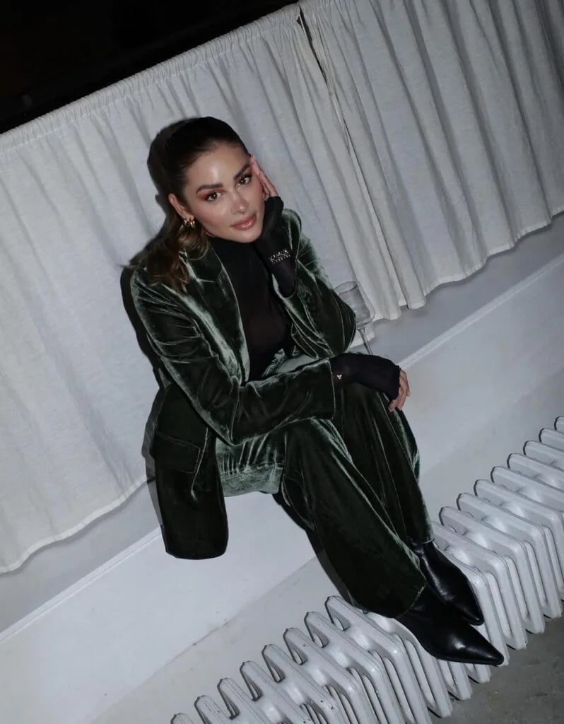 Deep Green Velvet Suit with Sheer Turtleneck — Classy Concert Outfits