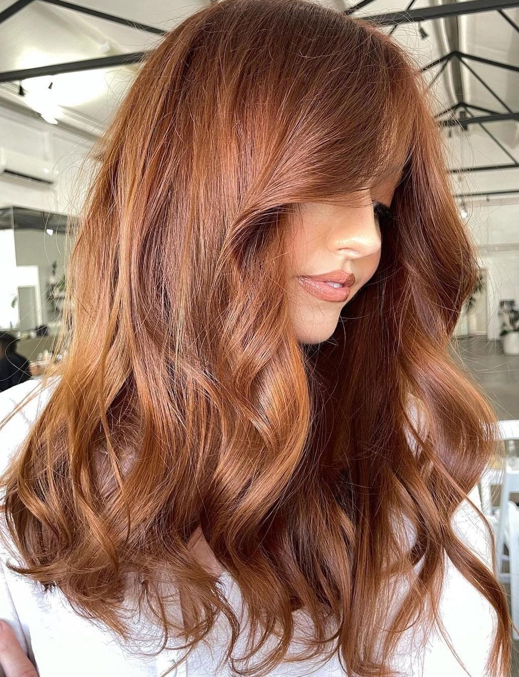 Vibrant Copper Collarbone Waves With Side Part — Classy Copper Hair Color