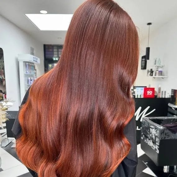 Copper Highlights Mid-Back Wavy Hair, Layers — Classy Copper Hair Color