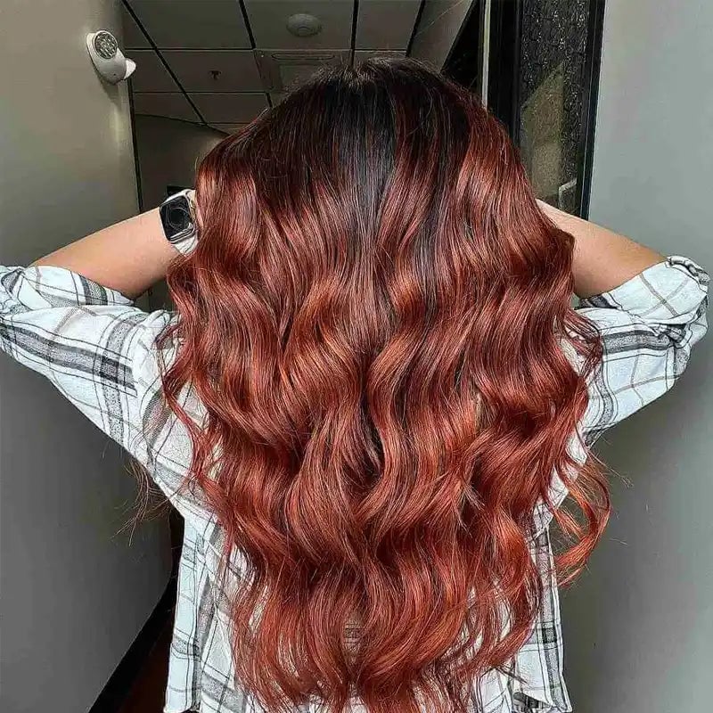Copper With Root Shadow Mid-Back Waves — Classy Copper Hair Color