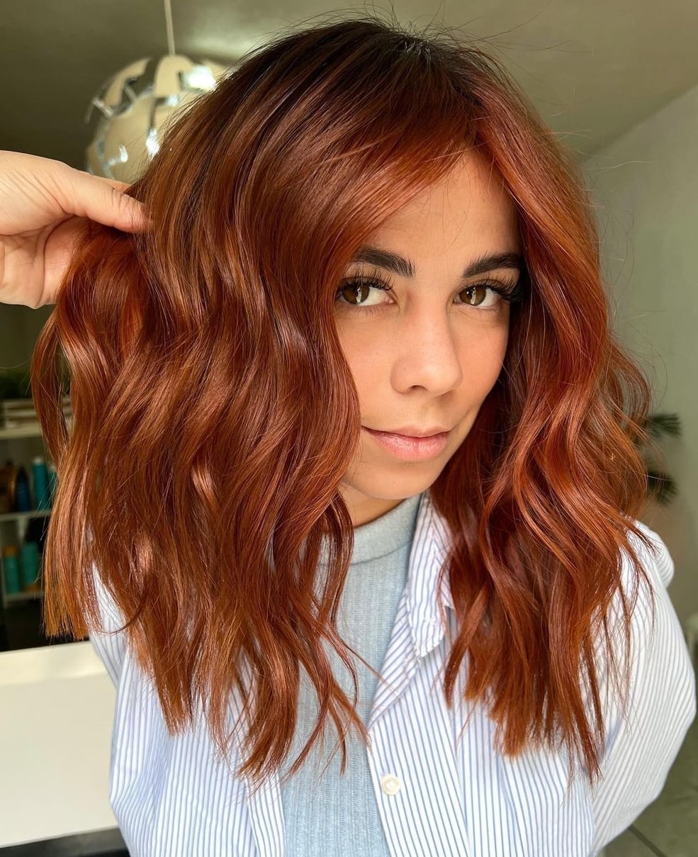 Vibrant Copper Collarbone Lob With Curtain Bangs — Classy Copper Hair Color