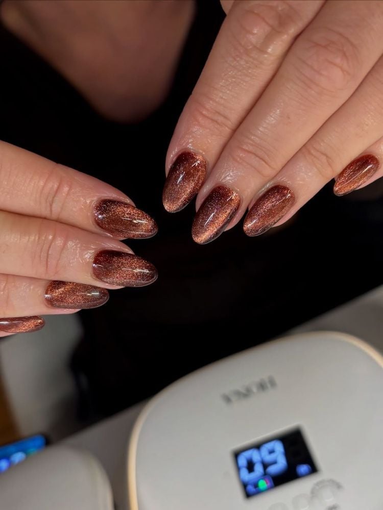 Short Almond Cat Eye Copper Shimmer Nails — Classy Copper Nails