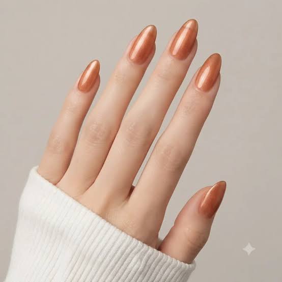 Short Almond Sheer Shimmer Copper Nails — Classy Copper Nails