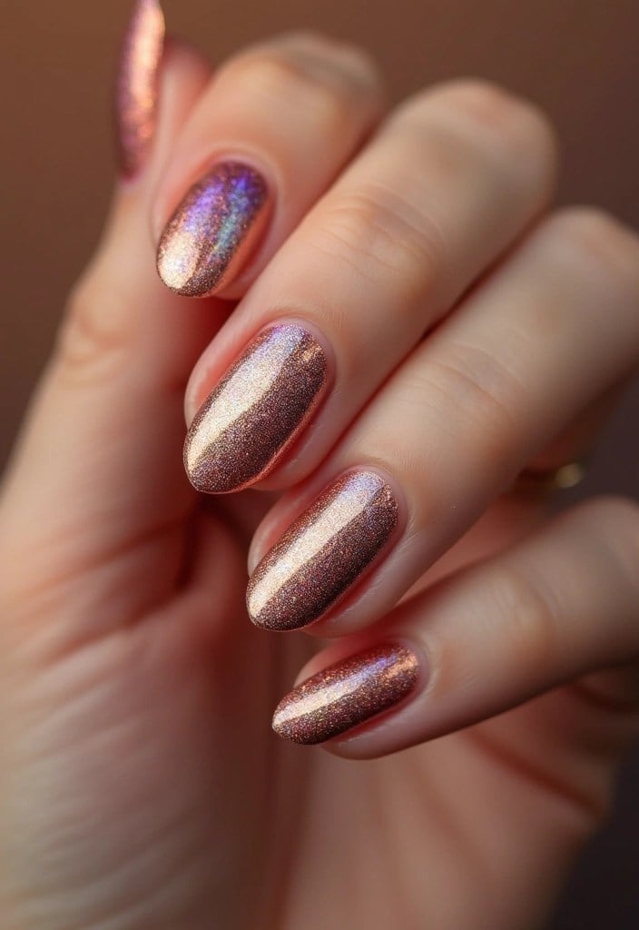 Short Oval Holographic Rose Gold Nails — Classy Copper Nails