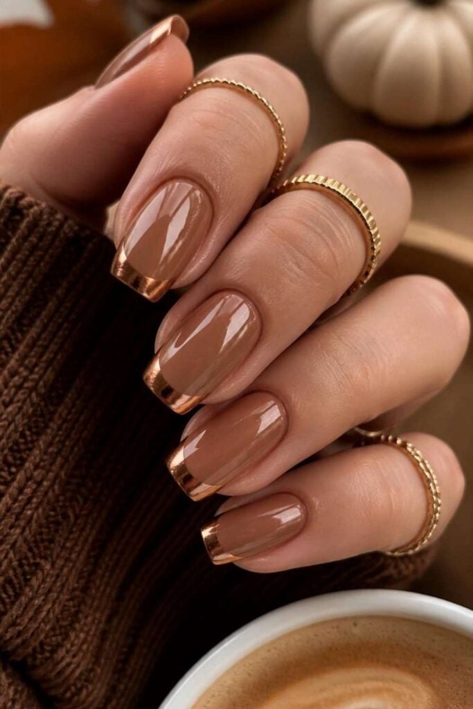 Short Square Metallic Copper French Tip Nails, Glossy — Classy Copper Nails