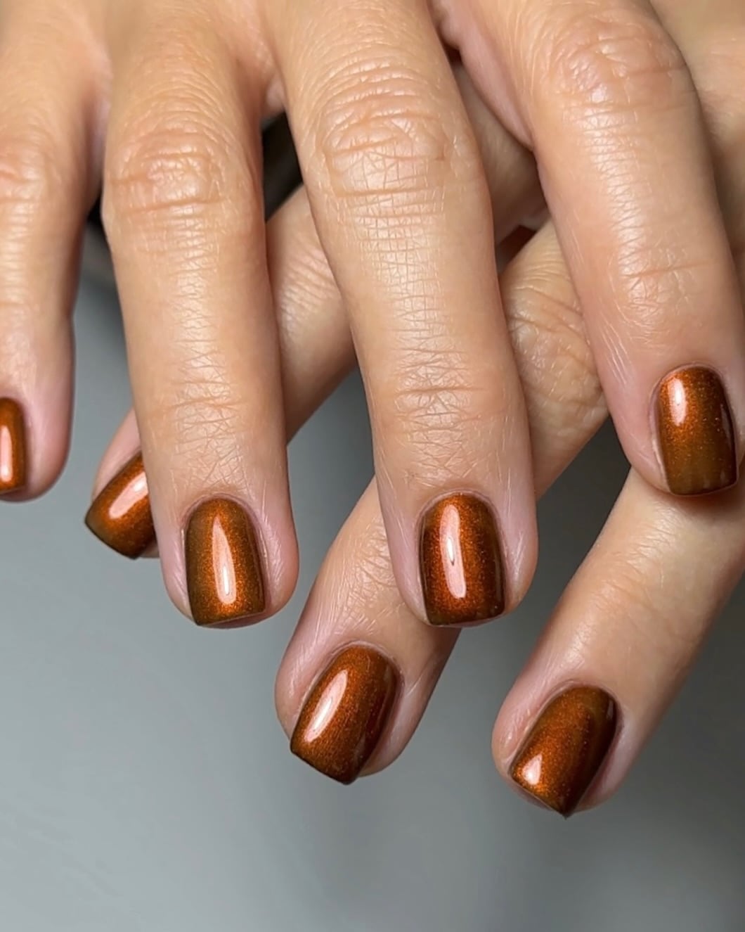 Short Soft Square Metallic Copper Shimmer Nails — Classy Copper Nails