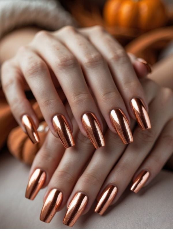 Long Coffin Metallic Copper Chrome Nails — Classy Copper Nails