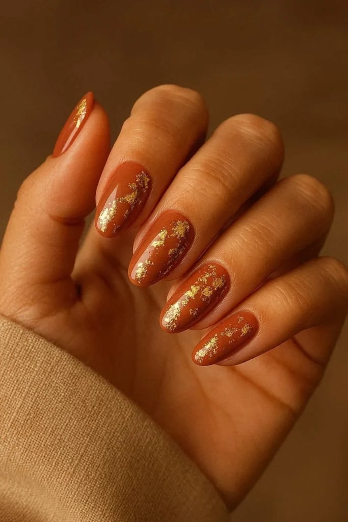 Medium Almond Terracotta Gold Foil Nails — Classy Copper Nails