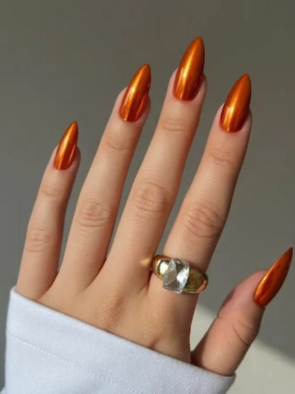 Long Almond Metallic Orange Chrome Nails — Classy Copper Nails