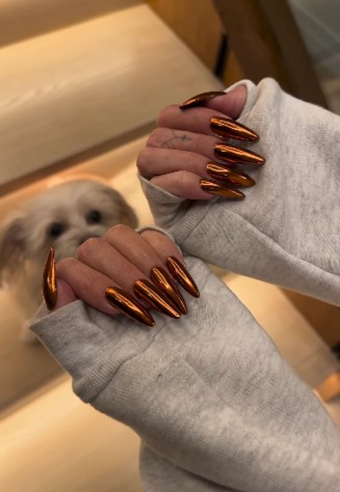 Long Stiletto Metallic Copper Chrome Nails, Close-Up Take — Classy Copper Nails