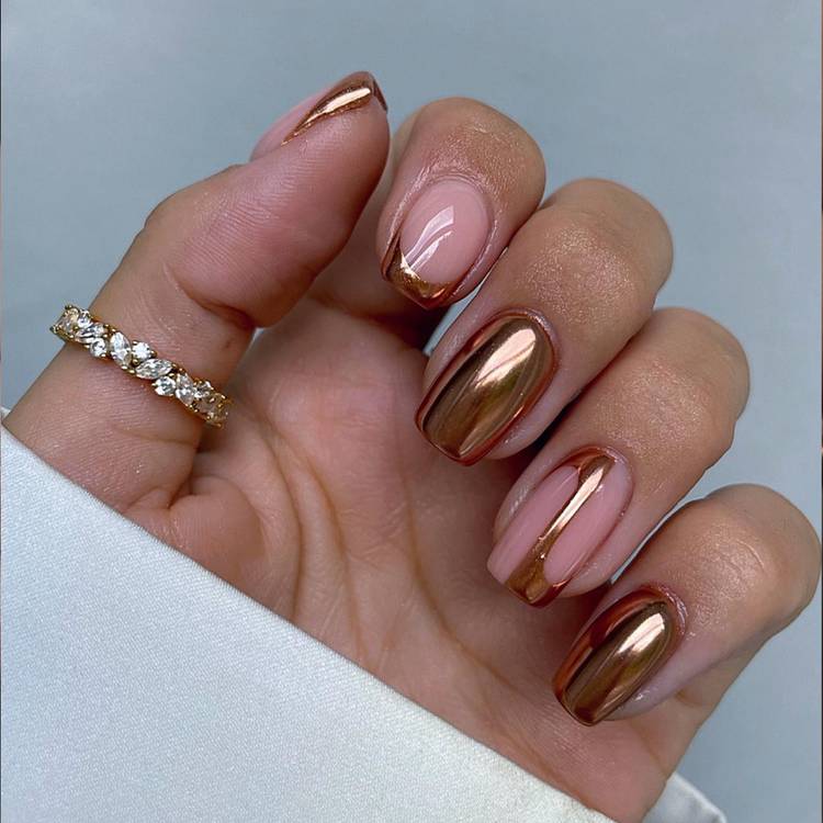 Short Square Copper Chrome Accents Nails — Classy Copper Nails