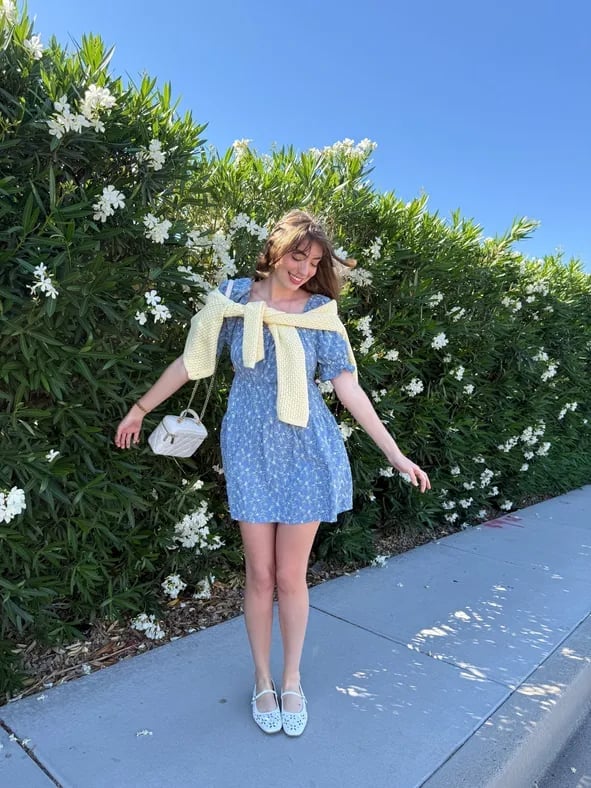 Blue Floral Dress with Yellow Cardigan — Classy Coquette Outfits