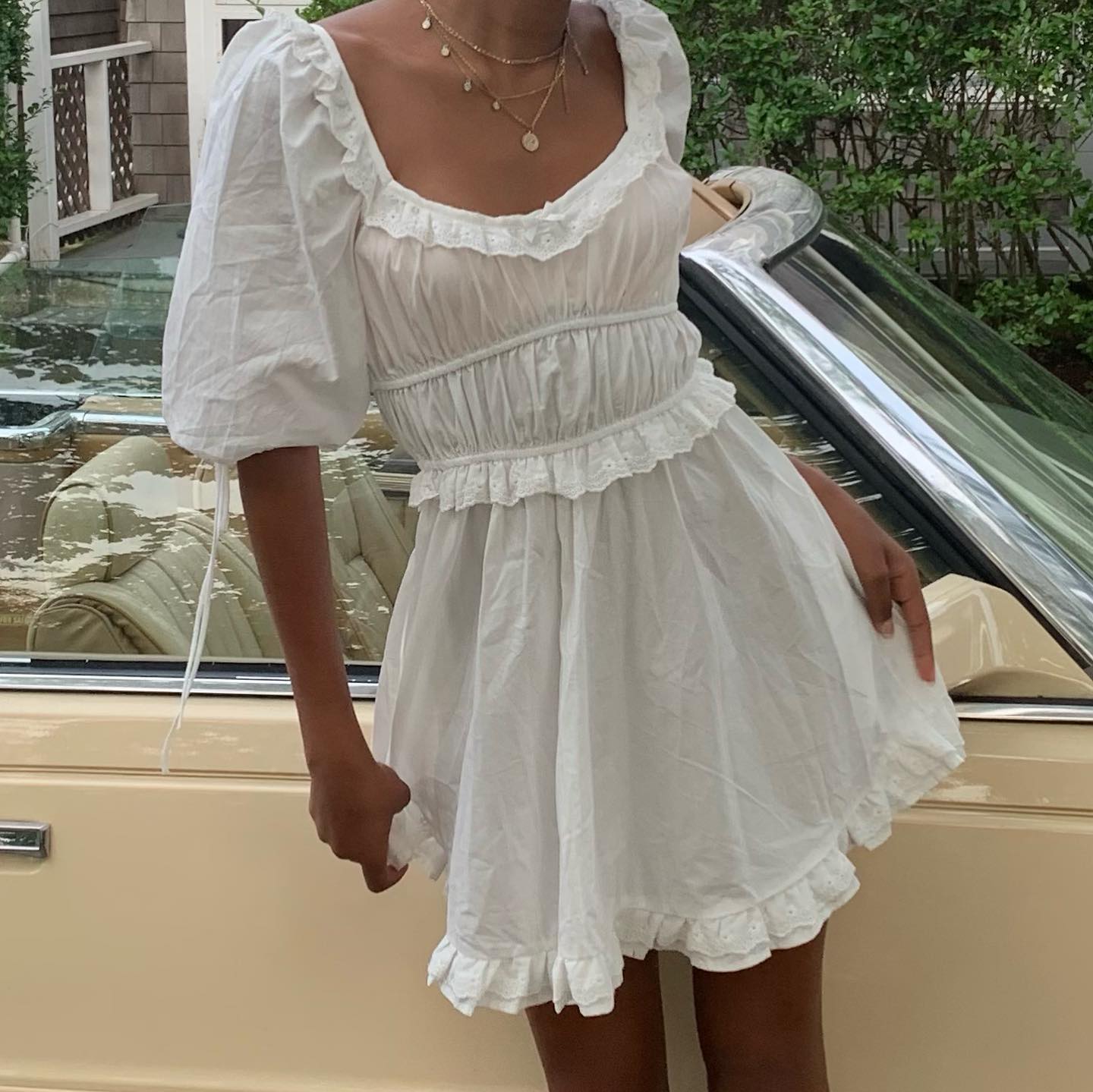 White Mini Dress with Ruffled Neckline and Sheer Details — Classy Coquette Outfits