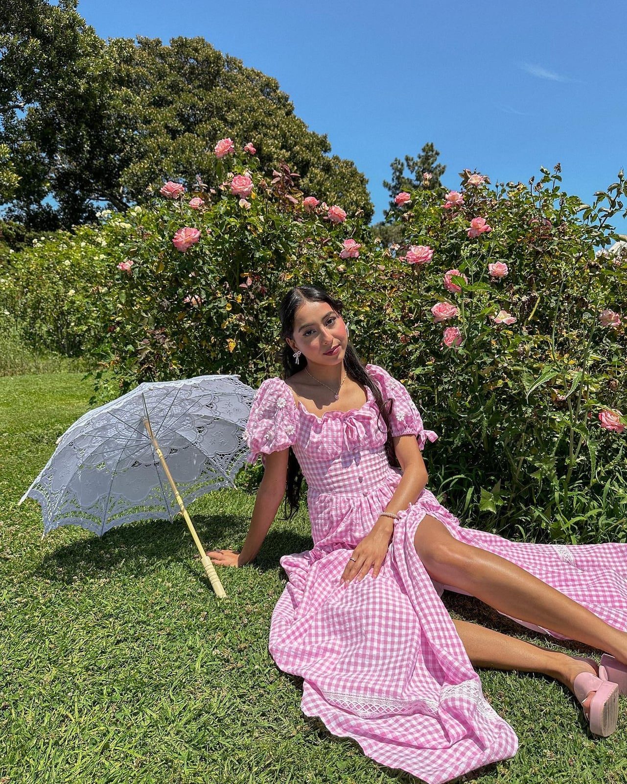 Pink Gingham Maxi Dress with Lace Trim — Classy Coquette Outfits