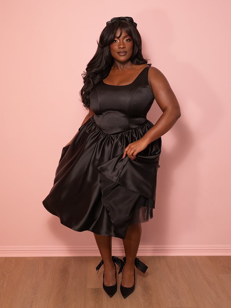 Black Satin Dress with Tulle Underskirt and Bow Heels — Classy Coquette Outfits
