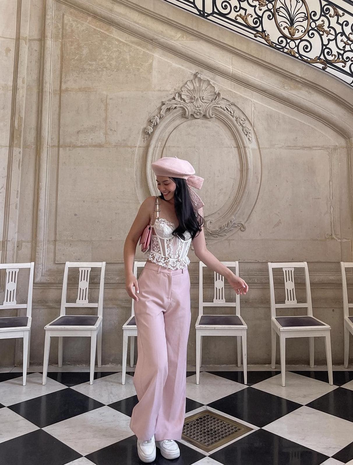 White Lace Corset Top with Pink Trousers and Beret — Classy Coquette Outfits