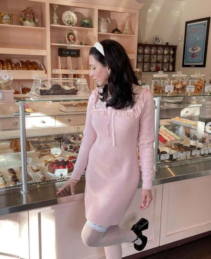 Pink Knit Midi Dress with Lace Collar and Socks — Classy Coquette Outfits