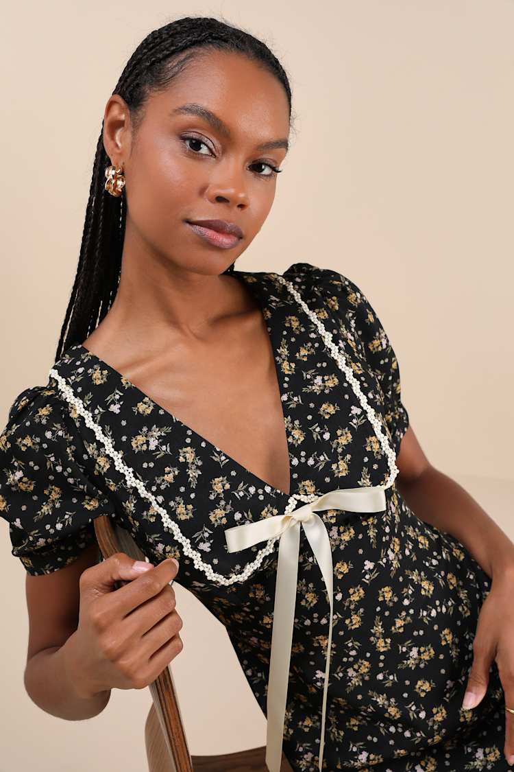 Black Mini Dress with Yellow Floral Print and Bow Collar — Classy Coquette Outfits