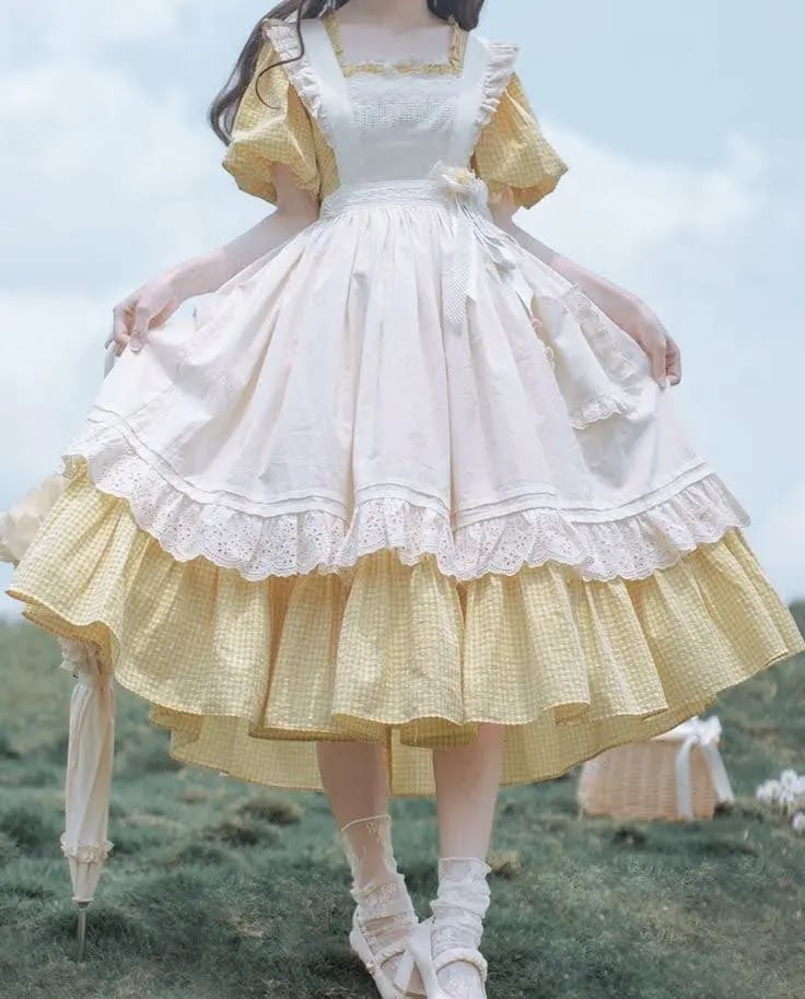 Yellow Gingham Dress with White Apron Overlay — Classy Coquette Outfits