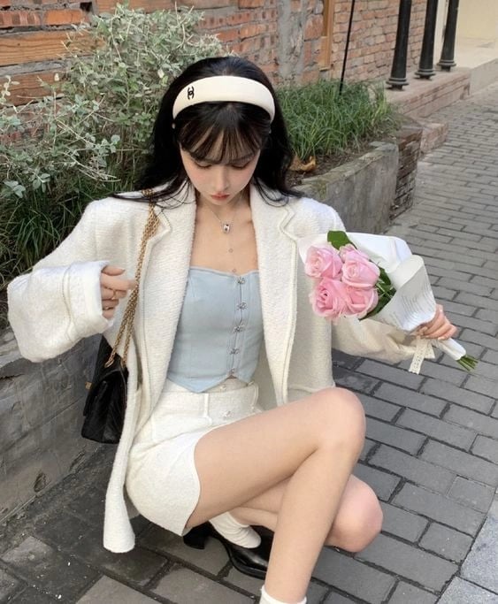 White Tweed Blazer with Blue Satin Corset Top — Classy Coquette Outfits