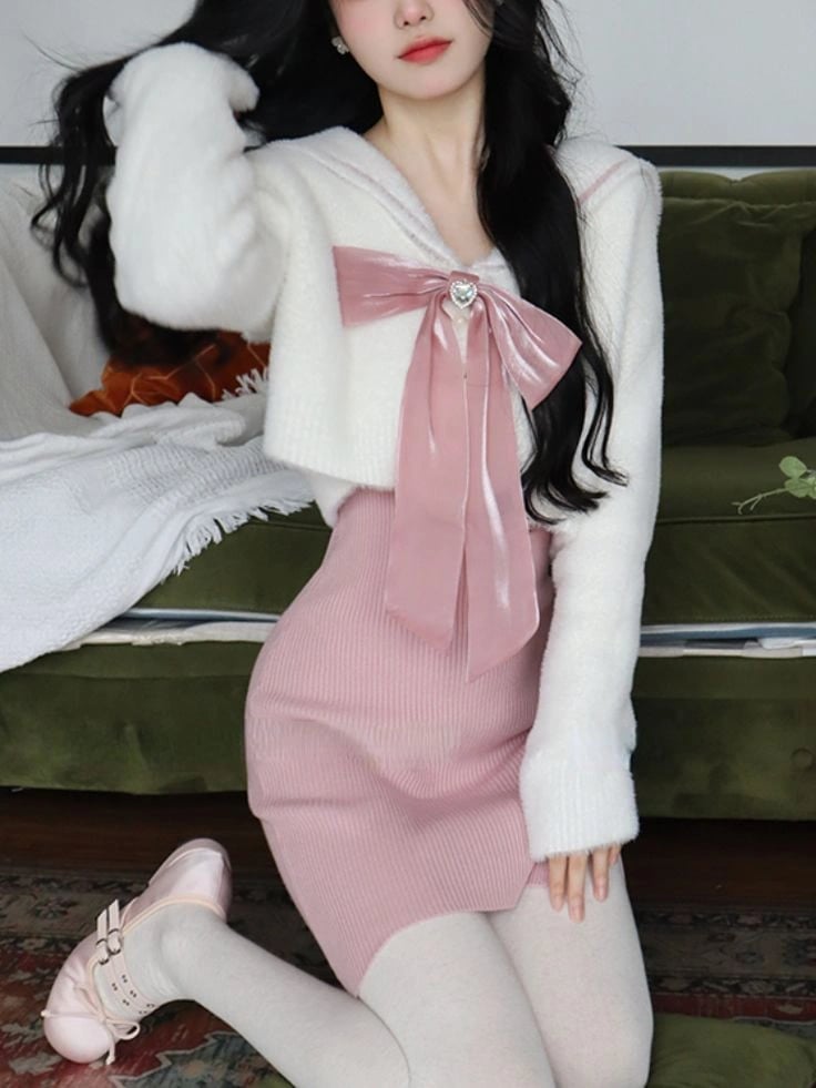 Pink Ribbed Mini Dress with Fuzzy Cardigan — Classy Coquette Outfits