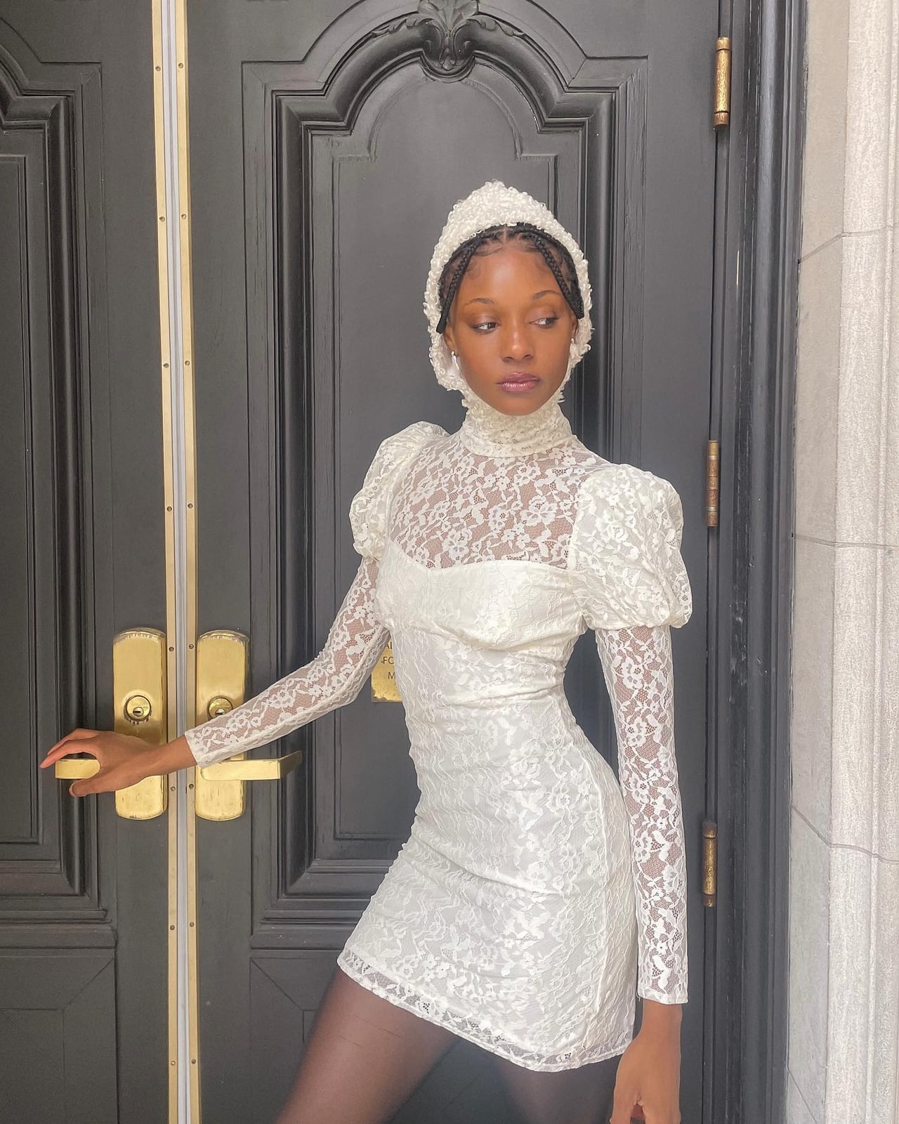White Lace Dress with Puff Sleeves and High Neck — Classy Coquette Outfits