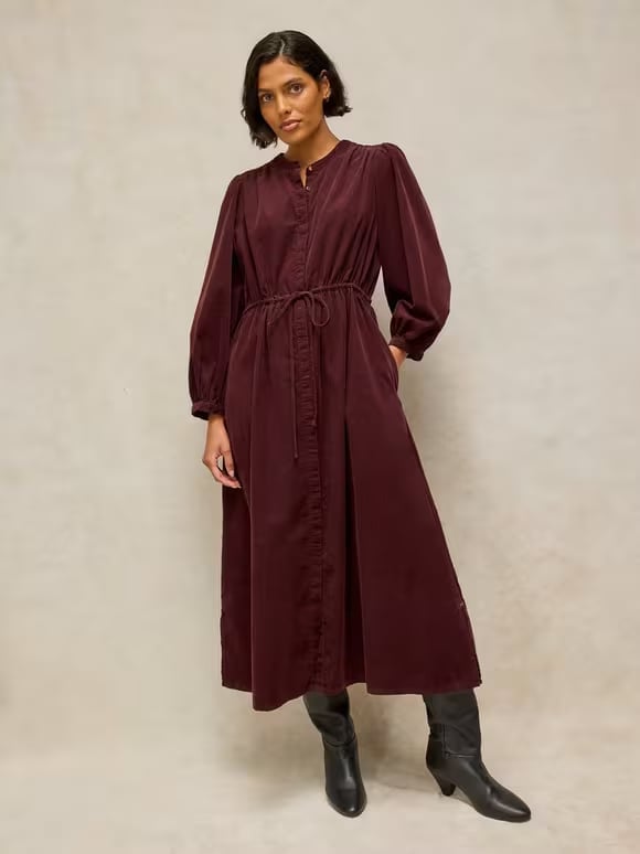 Burgundy Corduroy Midi Dress With Tie Waist — Classy Corduroy Dress