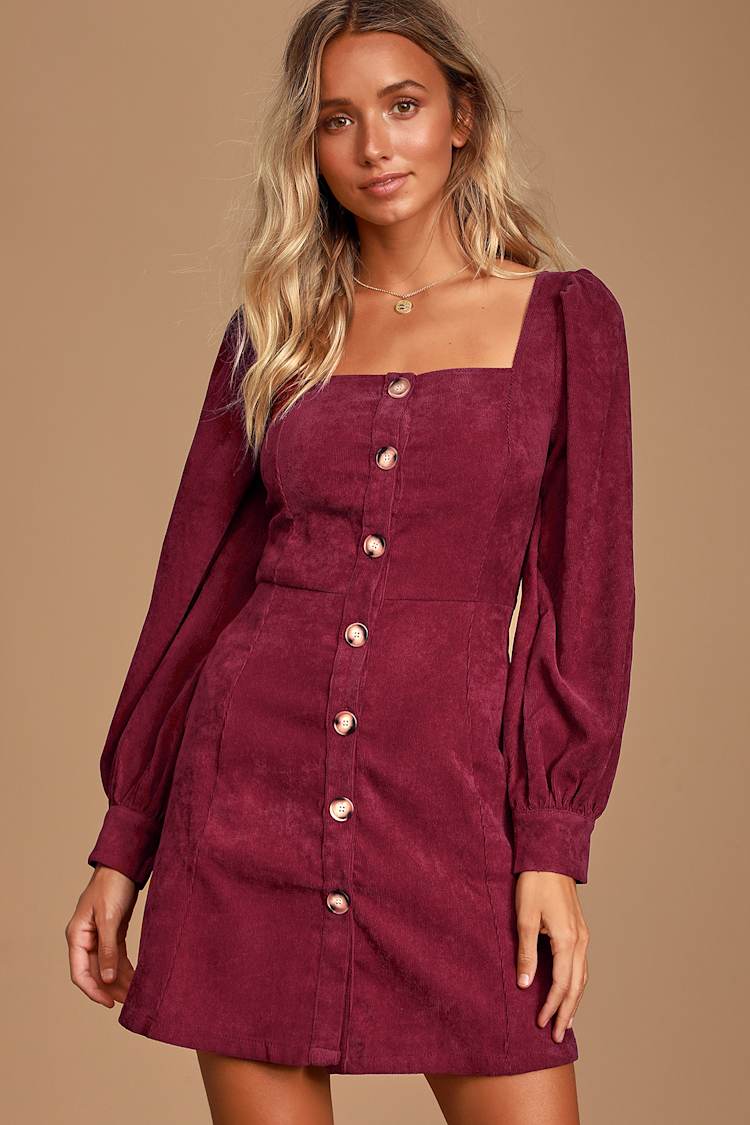 Burgundy Corduroy Mini Dress With Square Neckline — Classy Corduroy Dress