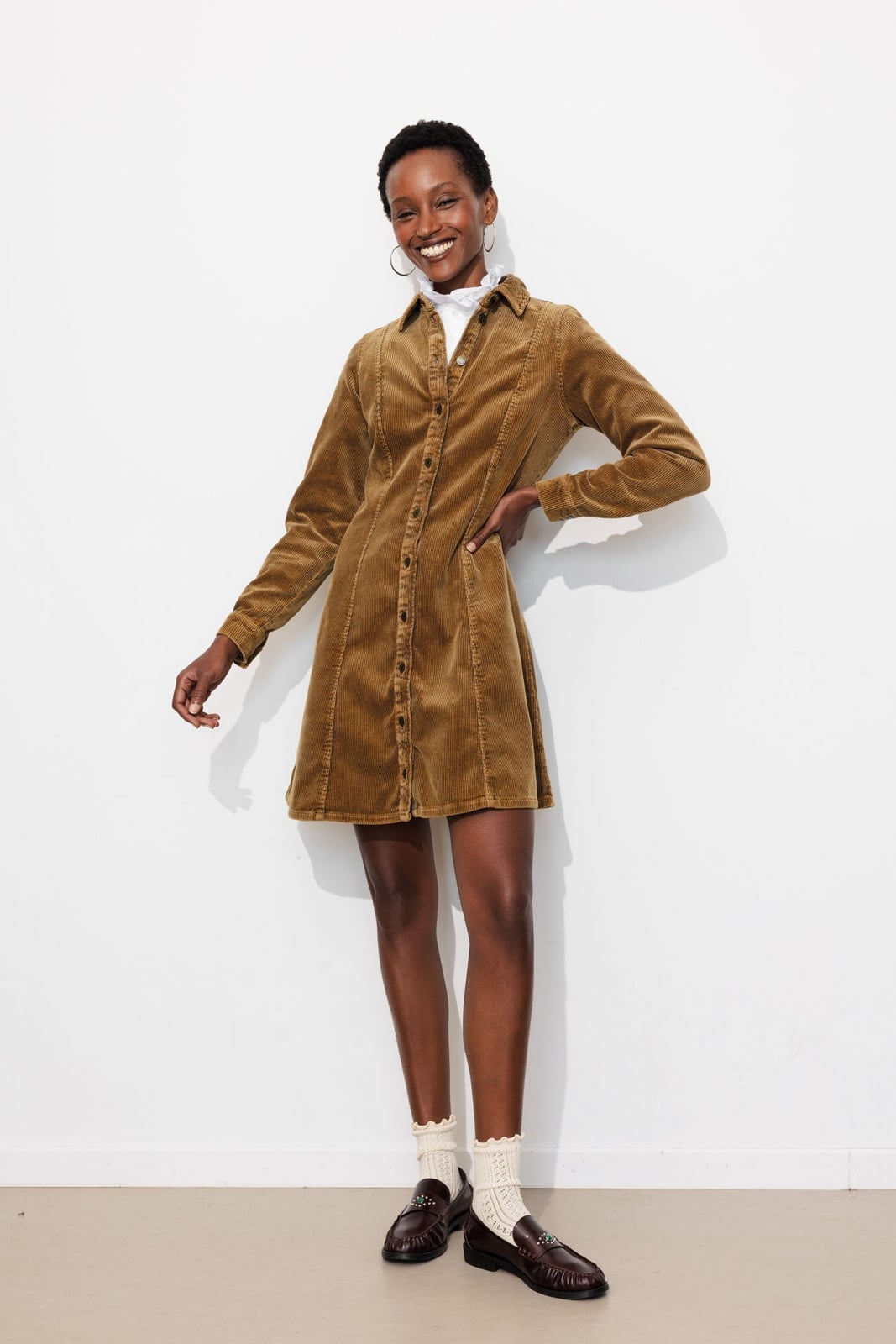 Brown Corduroy Shirt Dress With White Collar Detail — Classy Corduroy Dress