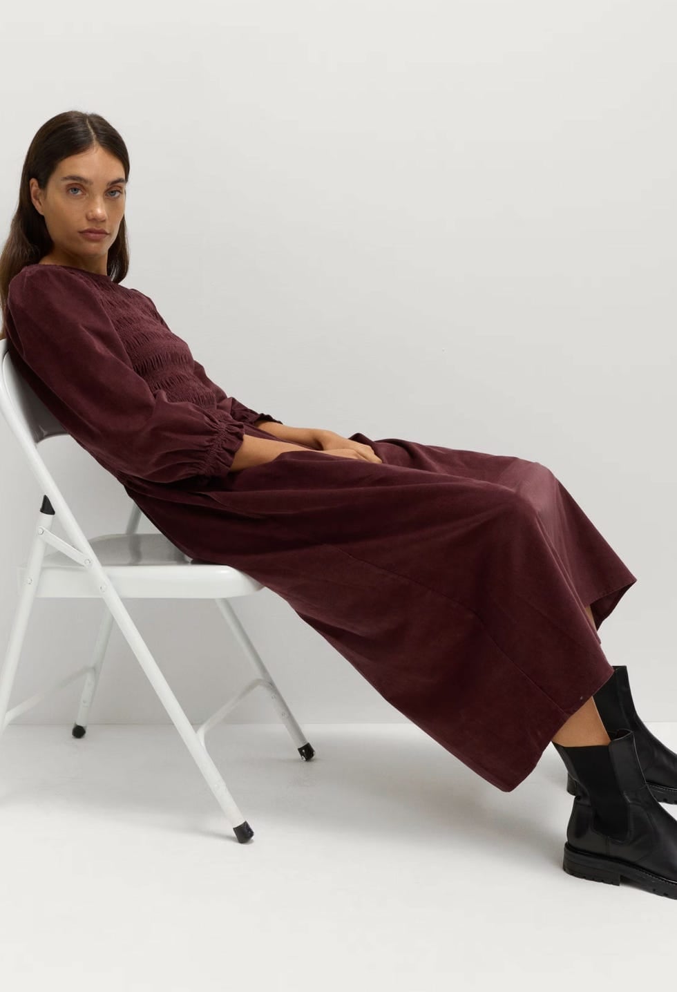 Burgundy Corduroy Dress With Smocked Bodice — Classy Corduroy Dress