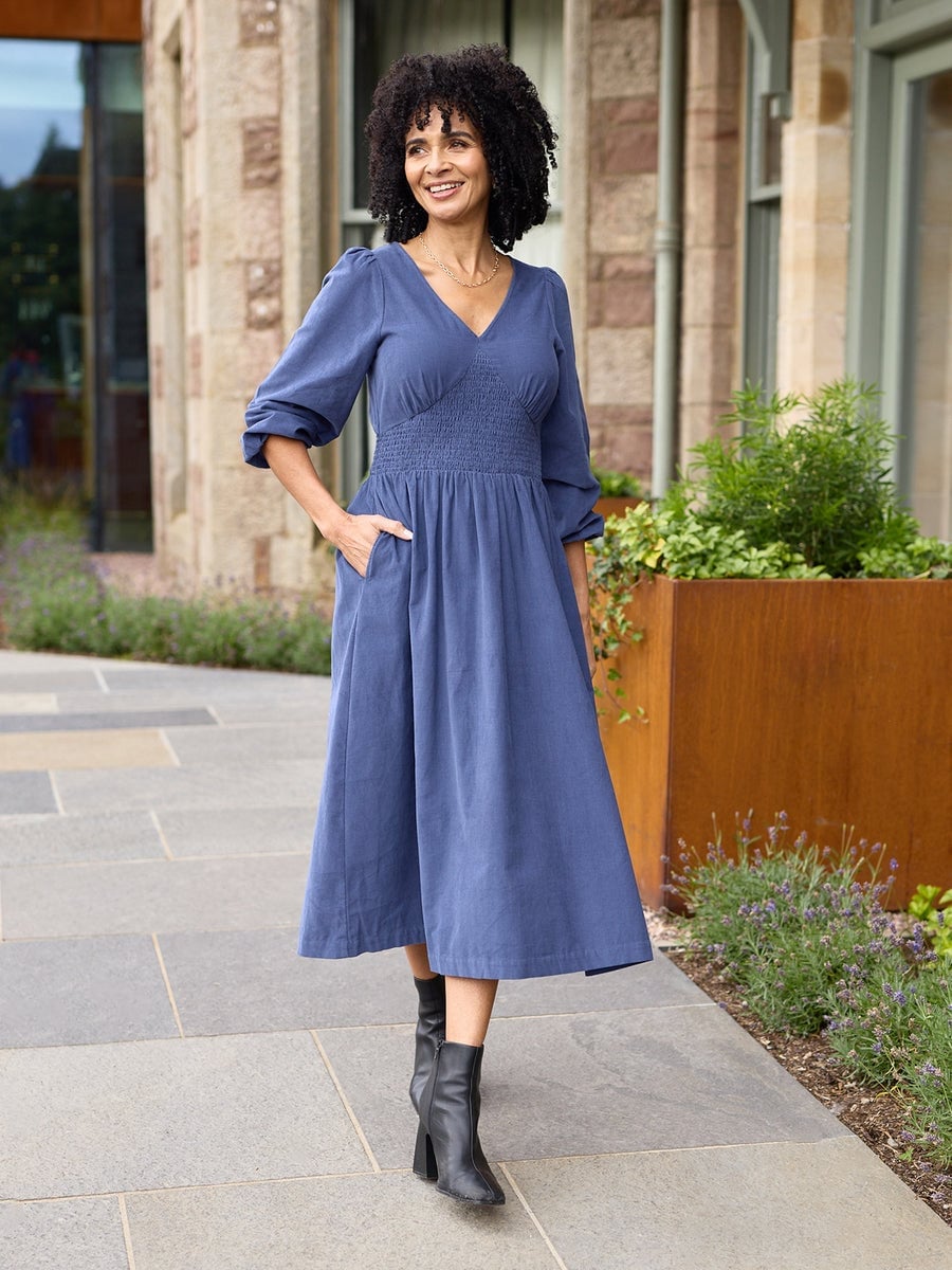 Blue Midi Dress With Smocked Waist and Bishop Sleeves — Classy Corduroy Dress