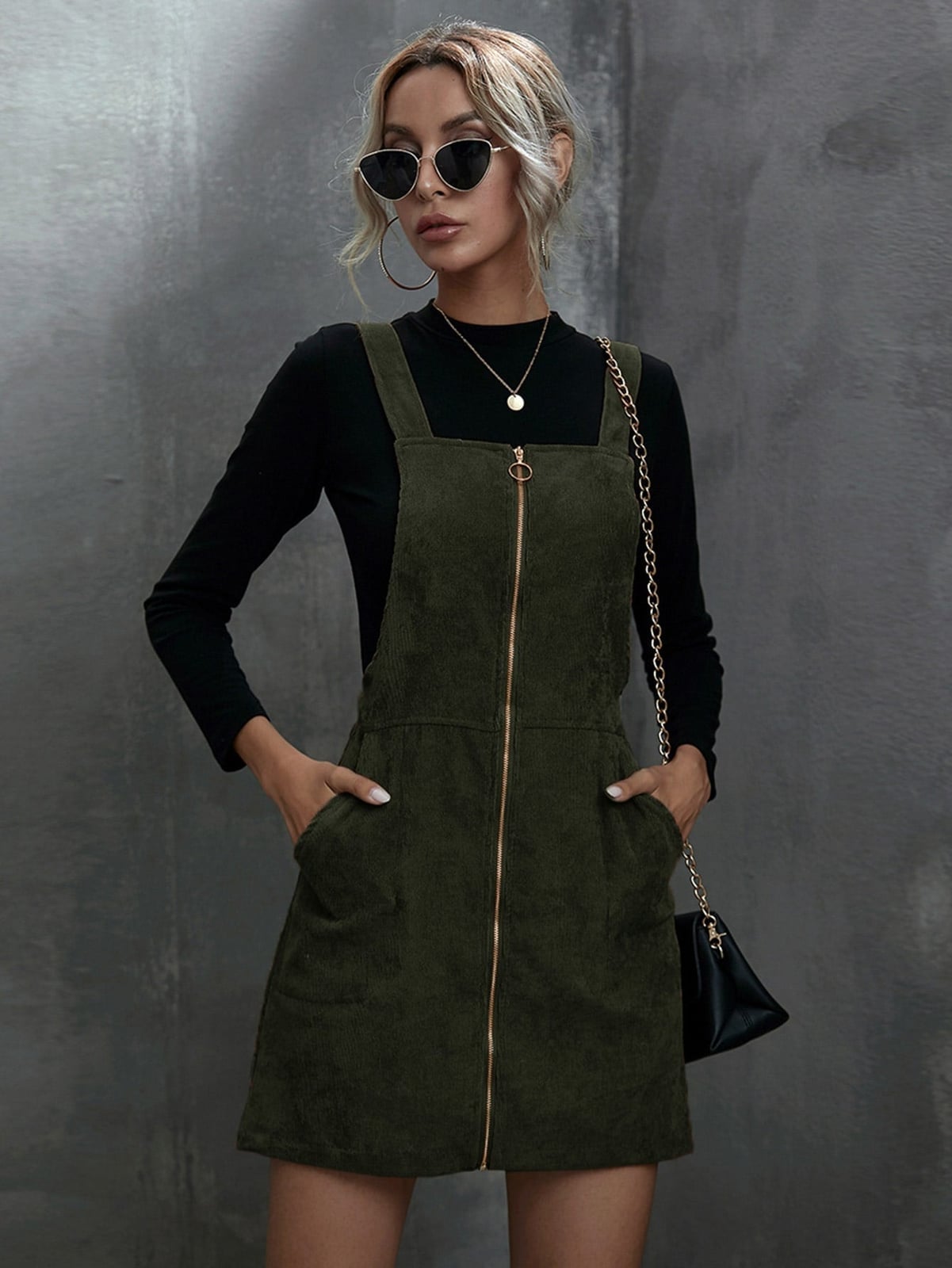 Olive Green Corduroy Overall Dress With Gold Zipper — Classy Corduroy Dress