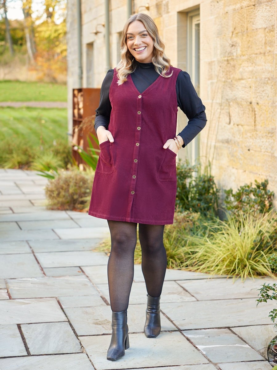Burgundy Corduroy Button-Front A-Line Dress With Gold Bracelet — Classy Corduroy Dress