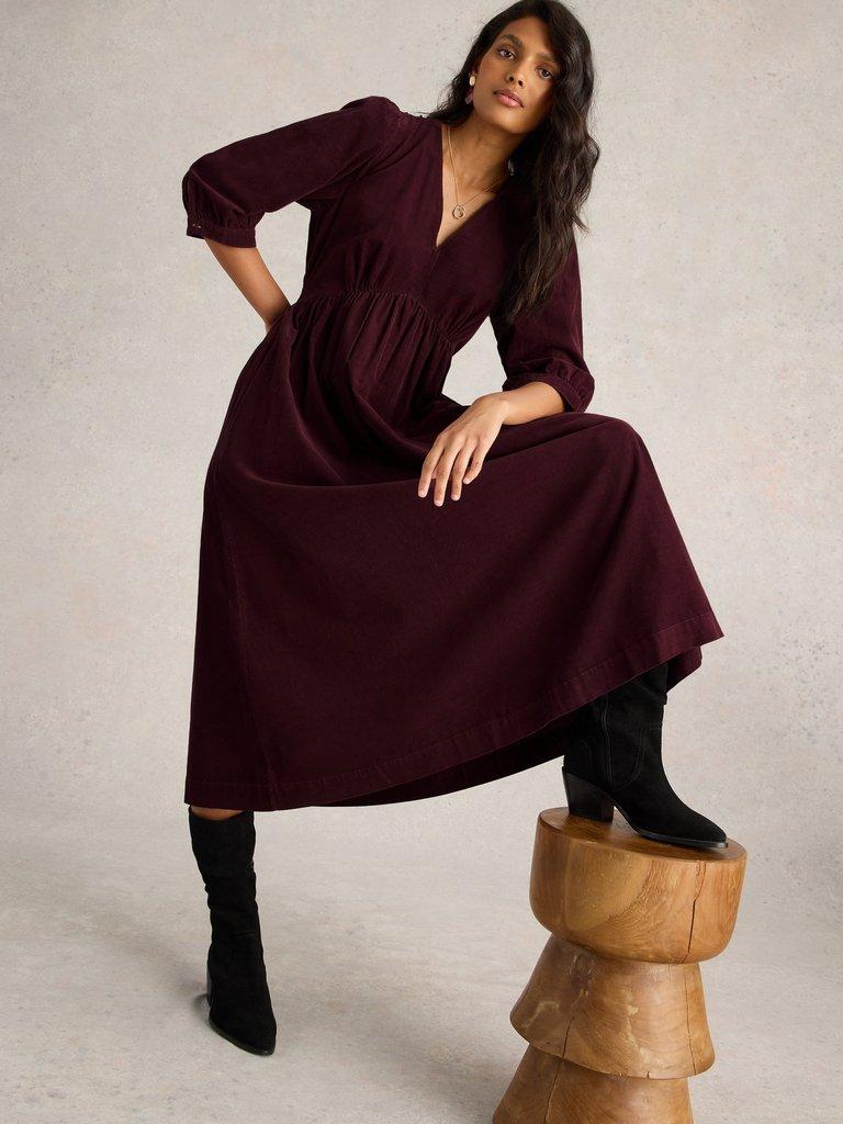Plum Corduroy Midi Dress With V-Neck and Black Suede Boots — Classy Corduroy Dress