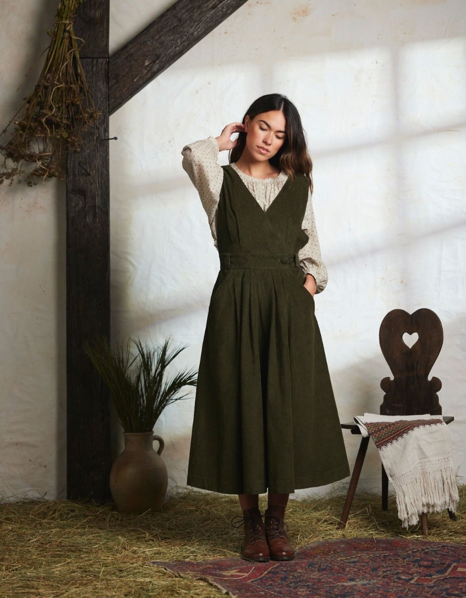 Olive Green Corduroy Pinafore Dress Over Printed Blouse — Classy Corduroy Dress
