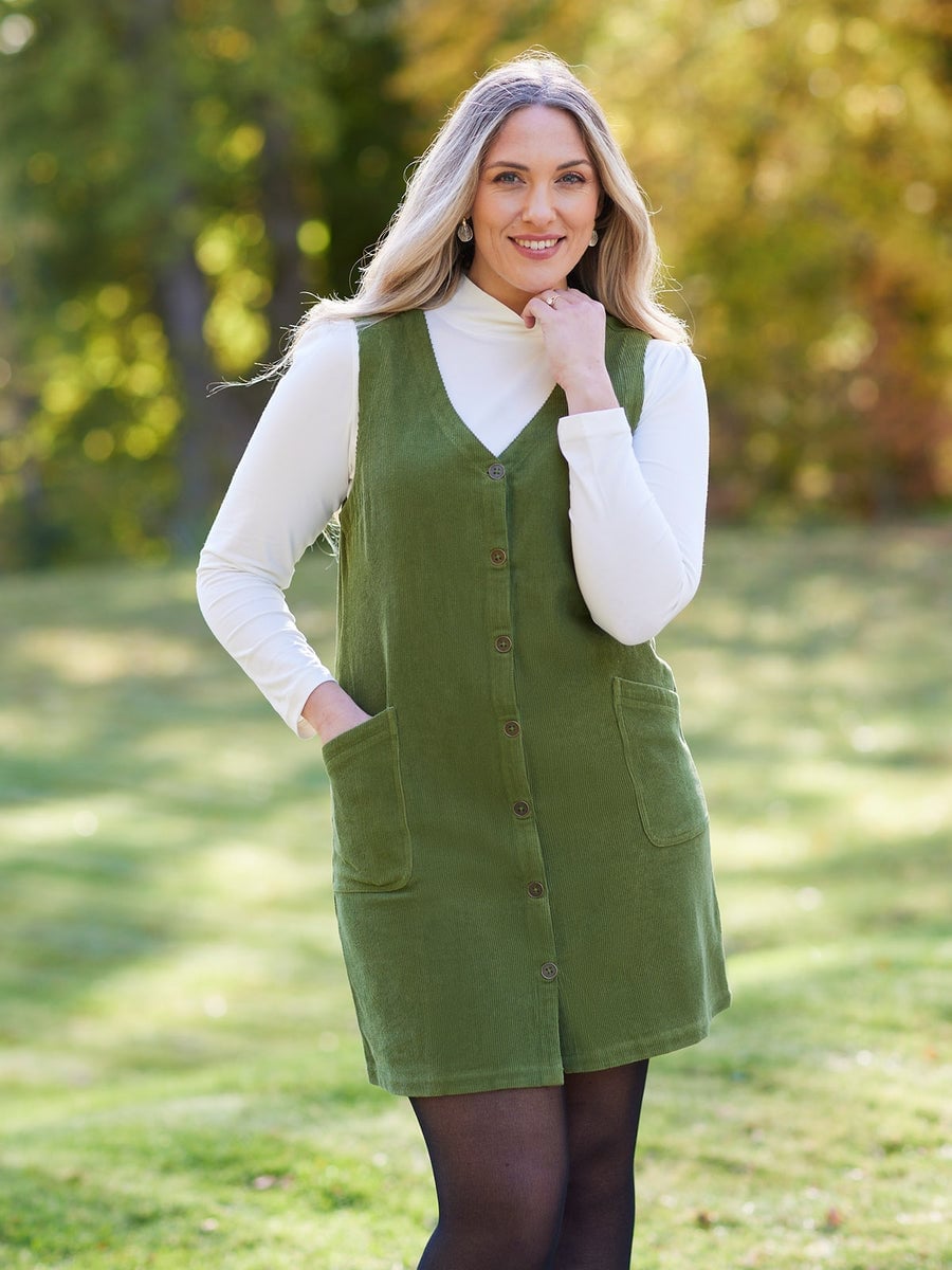Green Corduroy Pinafore Dress With White Turtleneck — Classy Corduroy Dress