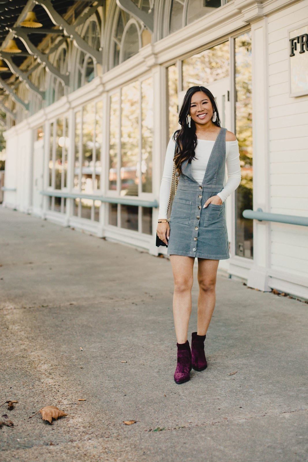 Grey Corduroy Overall Mini Dress Over White Top — Classy Corduroy Dress