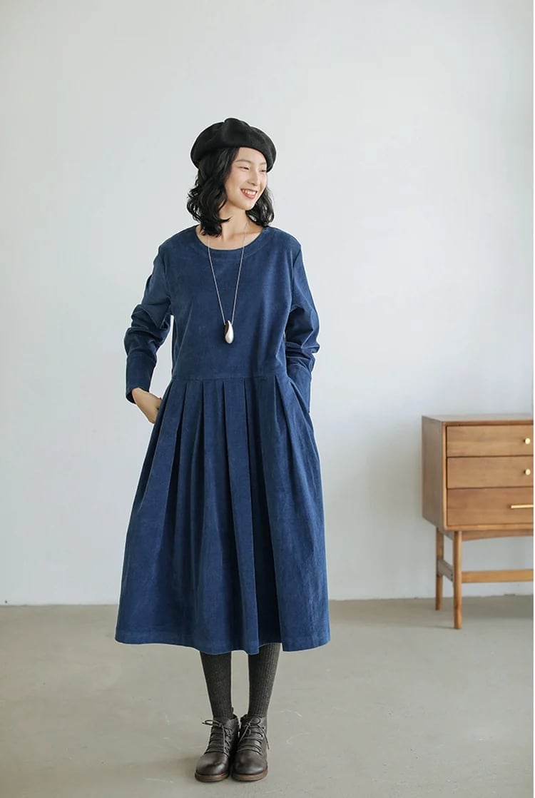 Plaid Midi Dress with V-Neck and Three-Quarter Sleeves — Classy Corduroy Dress