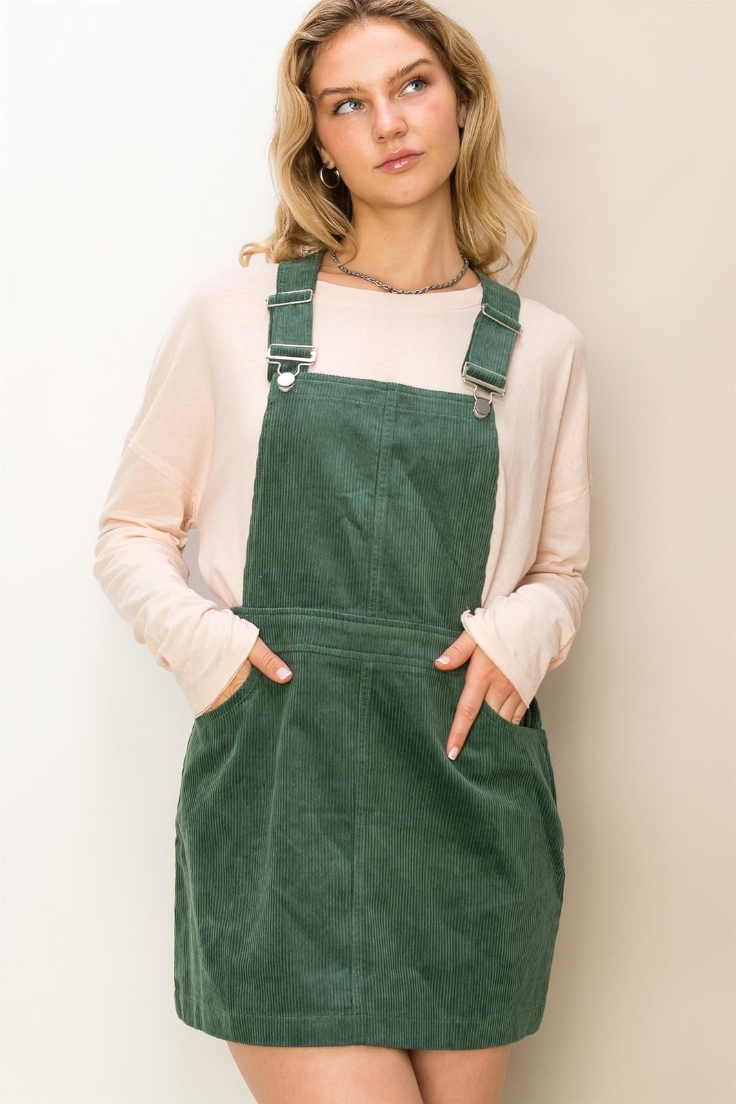 Green Corduroy Overall Mini Dress With Silver Hardware — Classy Corduroy Dress
