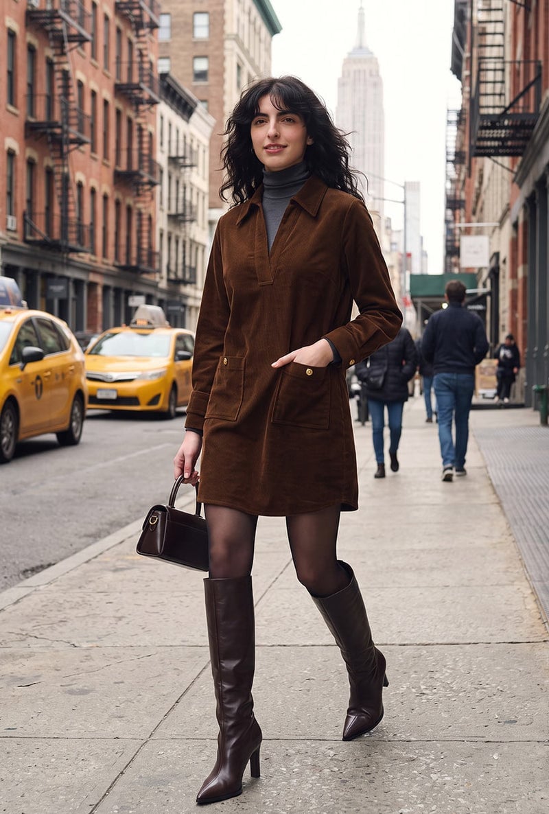 Brown Corduroy Shirt Dress Over Grey Turtleneck — Classy Corduroy Dress