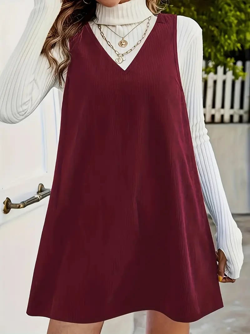 Burgundy Corduroy Pinafore Dress With V-Neck — Classy Corduroy Dress