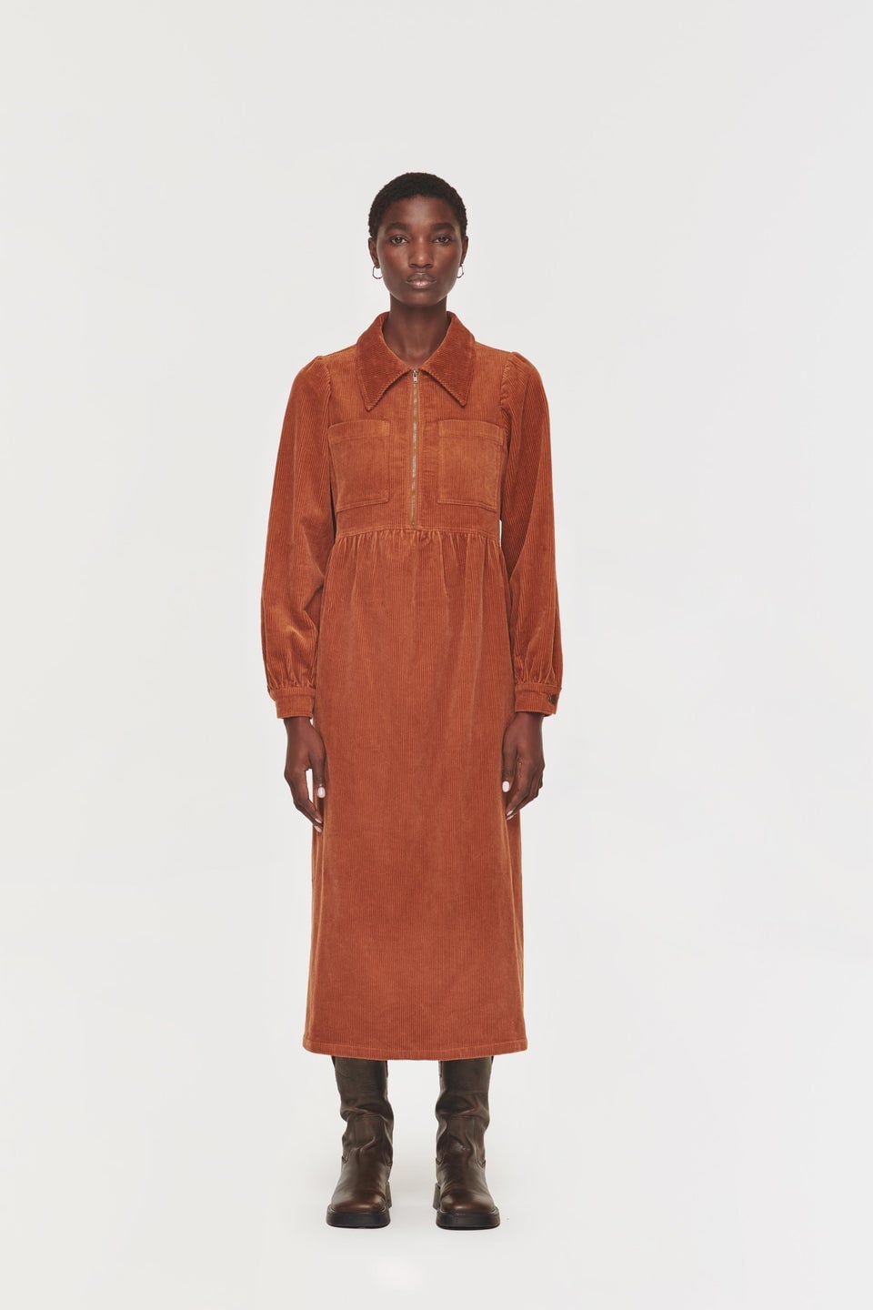 Burnt Orange Corduroy Midi Dress With Zippered Collar — Classy Corduroy Dress