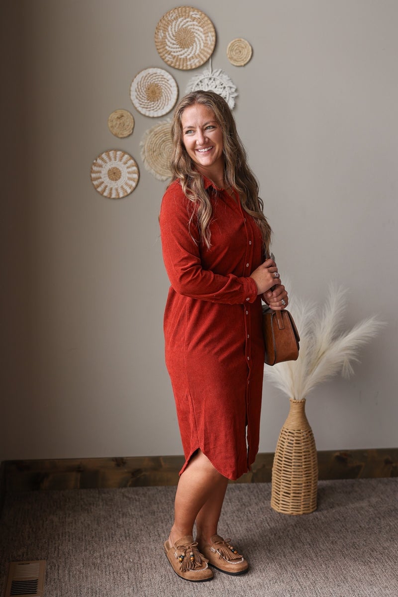 Rust Orange Corduroy Midi Shirt Dress With Tan Loafers — Classy Corduroy Dress