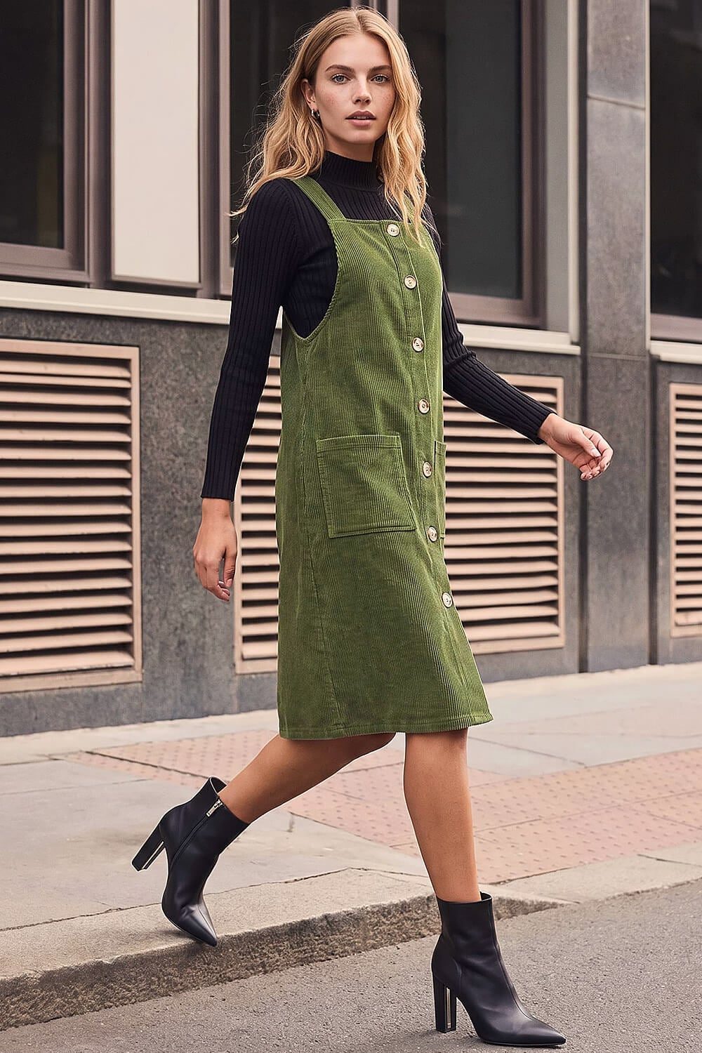 Green Corduroy Button-Front Midi Dress With Black, Everyday Version — Classy Corduroy Dress