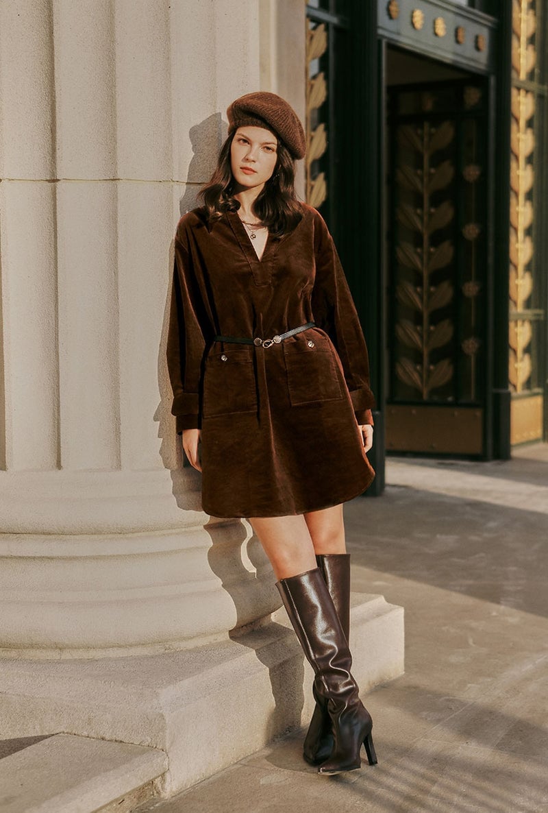 Brown Corduroy Mini Dress With Pockets Layered — Classy Corduroy Dress