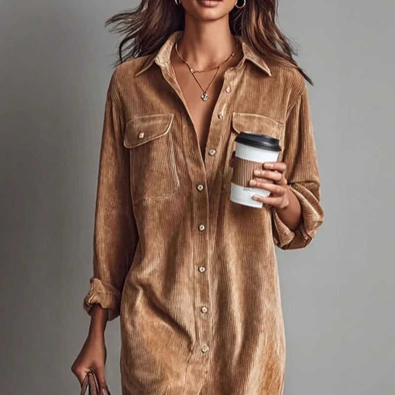 Brown Corduroy Shirt Dress With Dual Chest Pockets — Classy Corduroy Dress